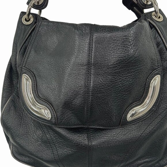 B MAKOWSKY BLACK LEATHER PURSE BAG w/ SILVER HARDWARE LEOPARD PRINT INTERIOR - Picture 5 of 10